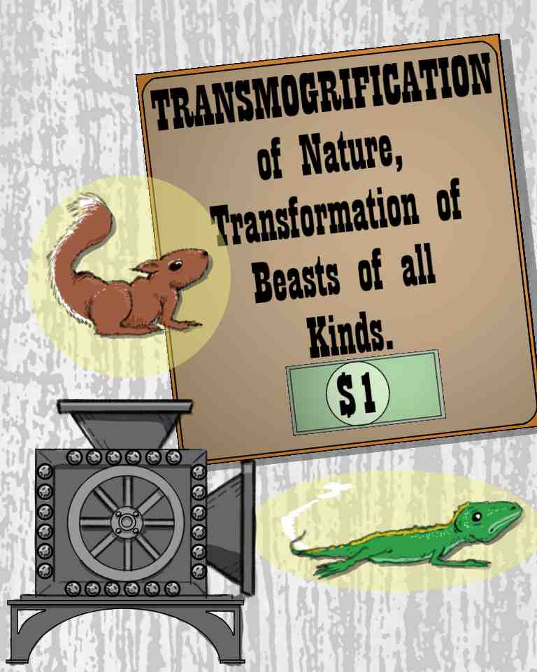 An illustration depicting a machine that turns squirrels into iguanas, done in an old-time western poster style.