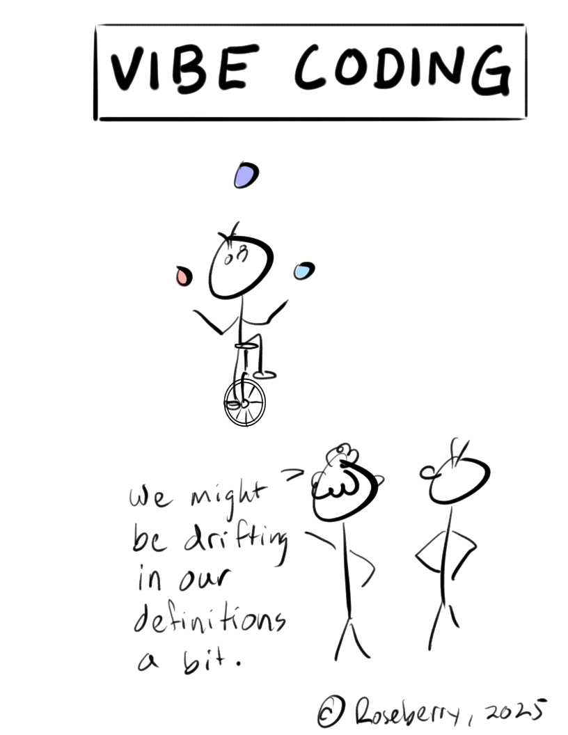 Someone juggling on a unicycle with a sign that says vibe coding, and another person saying to an onlooker we might be drifting in our defintions.
