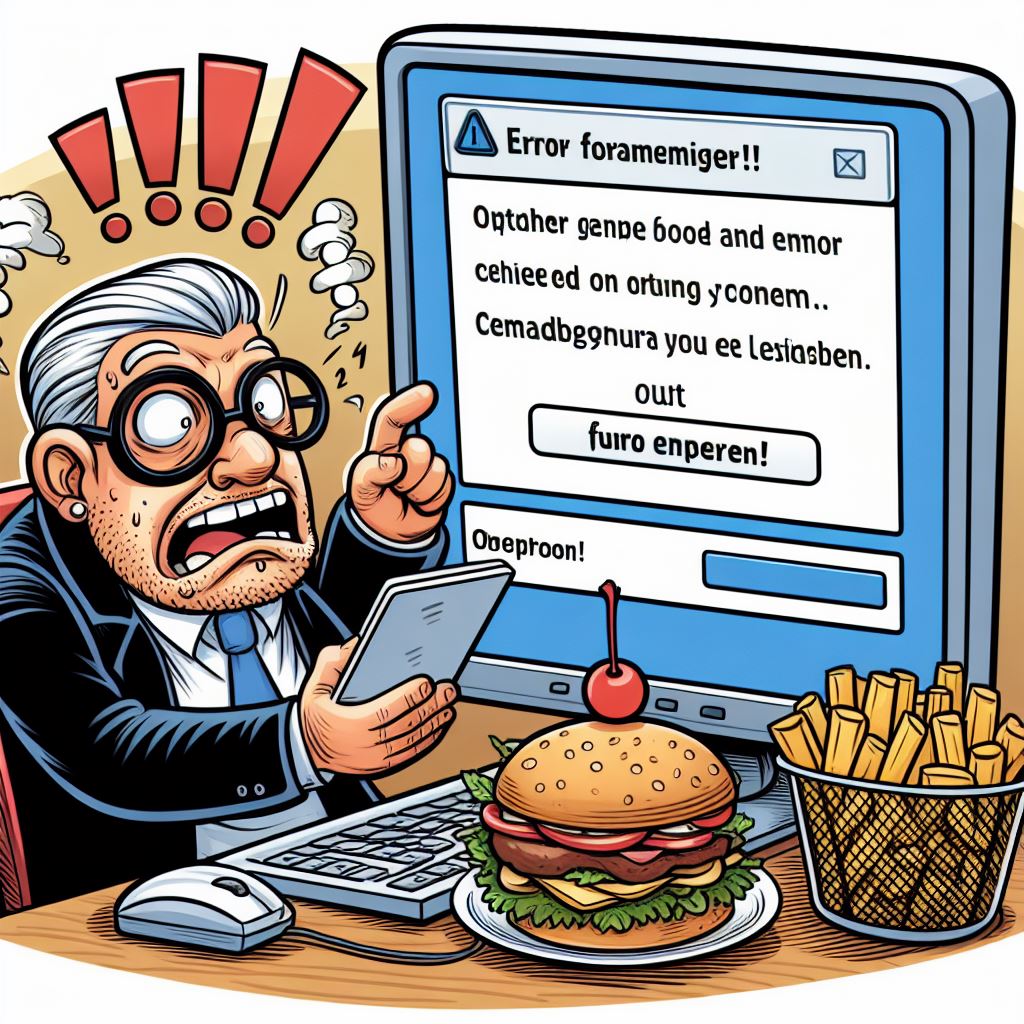 Image of an angry man at a computer with an error message on the screen, and for some reason a hamburger and french fries at the desk