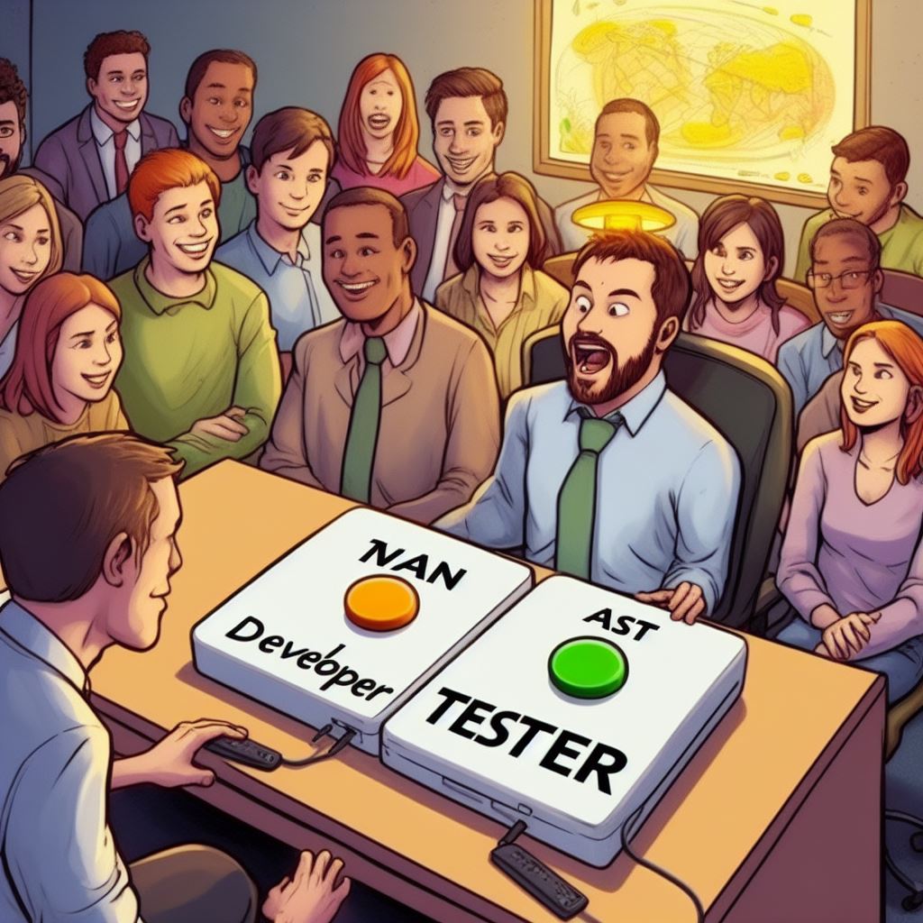 A cartoon of a person sitting in front of two buttons, one that says developer and the other that says tester.